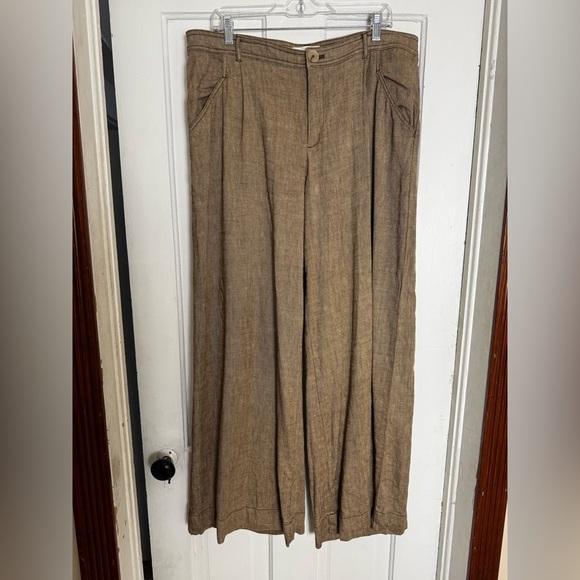 Anthropologie Linen Low Rise Wide Leg Pants Tan Size 14 - Picture 2 of 15